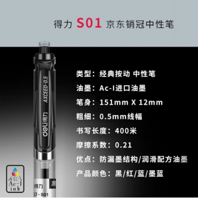 力(deli)S01中性筆簽字筆 0.5mm子彈頭經(jīng)典辦公按動筆水筆 黑色 12支/盒
